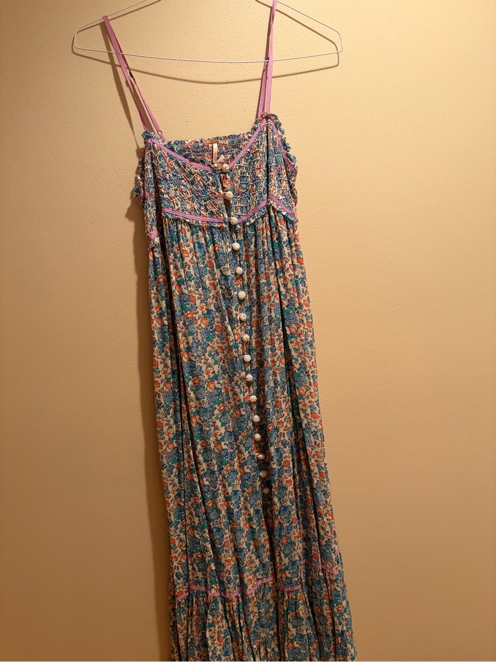 Free People Blue and Pink Floral Midi Dress with Button Front